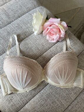Jezebel Ivory Lace Bra 36B Padded Underwire Sheer Mesh Nude Lingerie